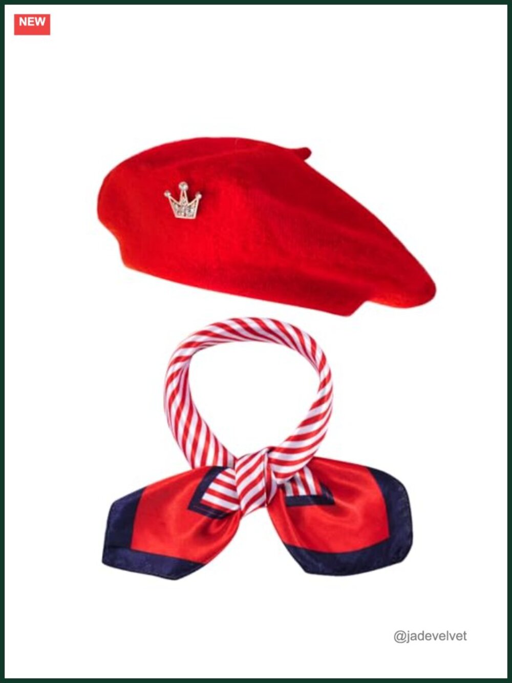 3pc French Beret Hat Set Satin Chiffon Scarf Crown Pin Costume Accessory